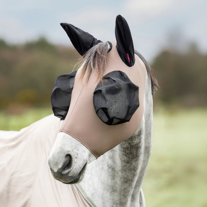 Horse wearing a black & beige fly mask with ear holes in an outdoor setting
