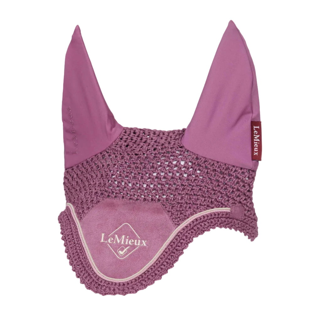 Purple equestrian ear bonnet with 'LeMieux' branding on a white background