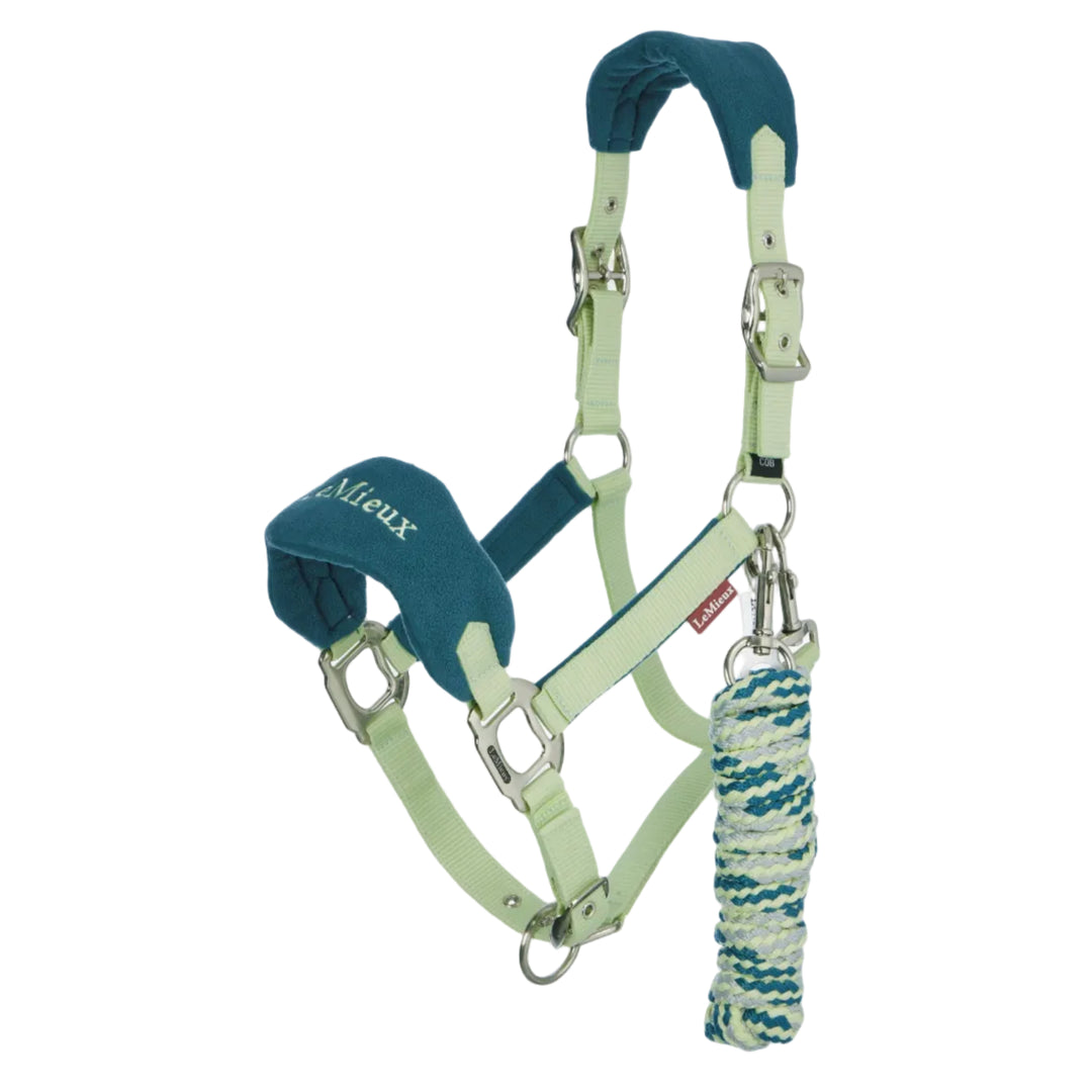 Horse halter and lead rope with 'LeMieux' branding on a white background