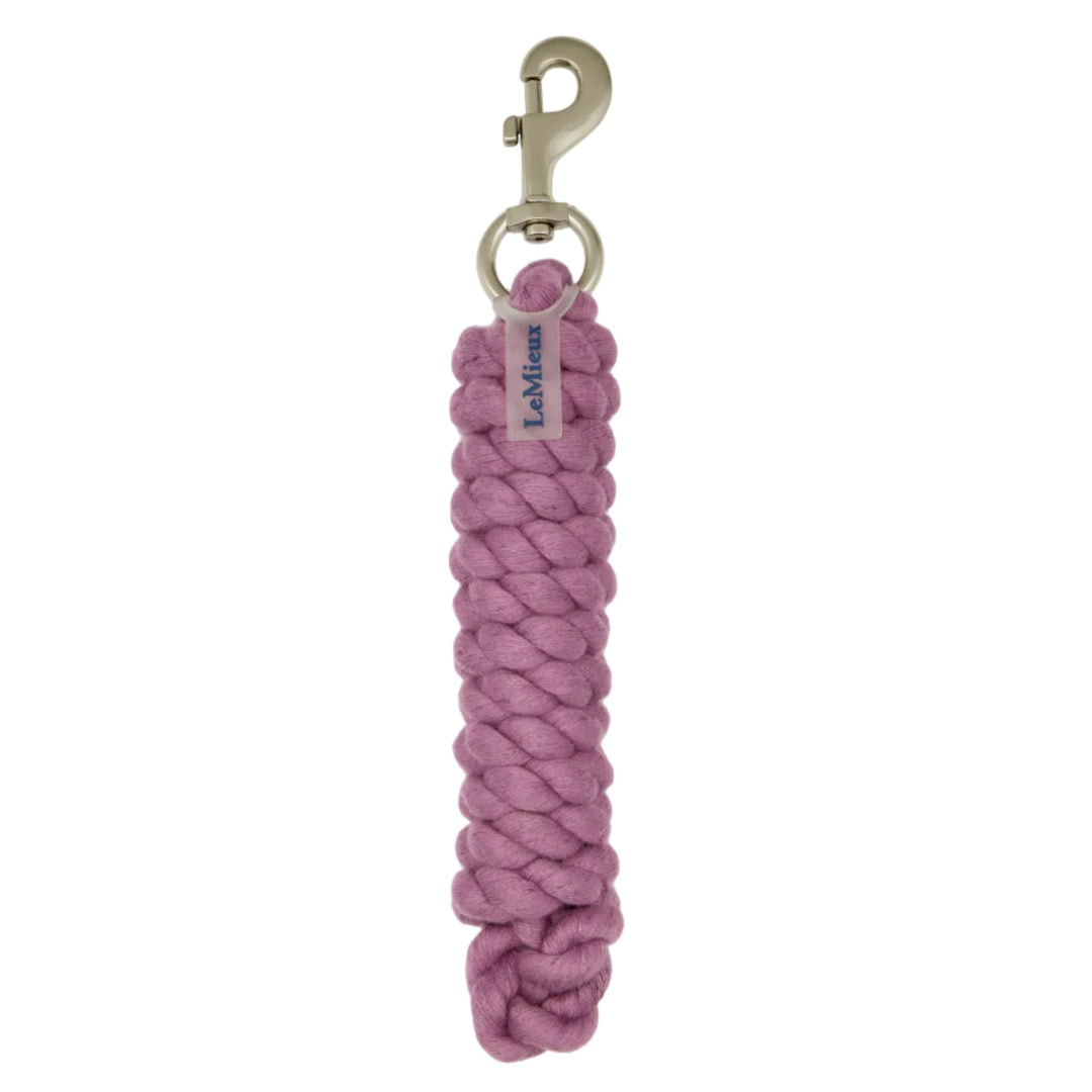 Pink cotton lead rope with a metal clip on a white background