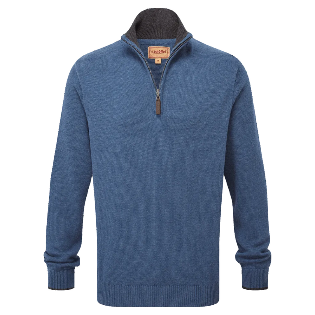 Blue Schoffel Castlebay sweater with a quarter zip on a white background