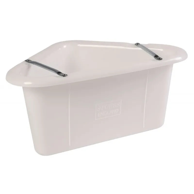 A white plastic corner manger with two silver metal handles on the rim, shown on a plain white background. The brand name 'Stubbs England' is embossed on the front.