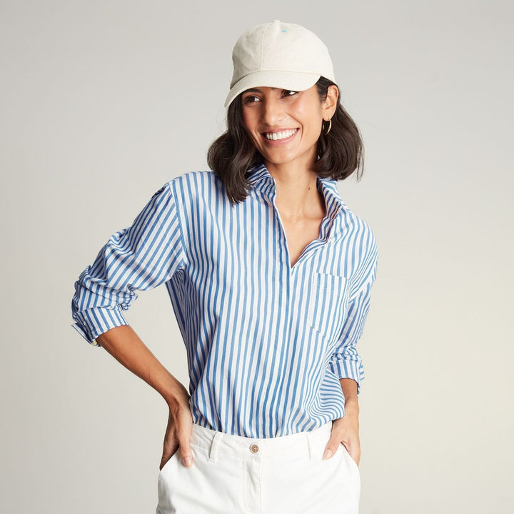The Joules Ladies Amilla Dropped Shoulder Shirt in Blue Stripe#Blue Stripe