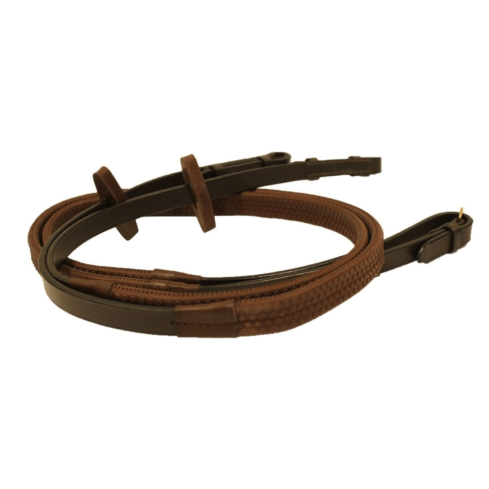 The Rambo Micklem Rubber Grip Reins in Brown#Brown