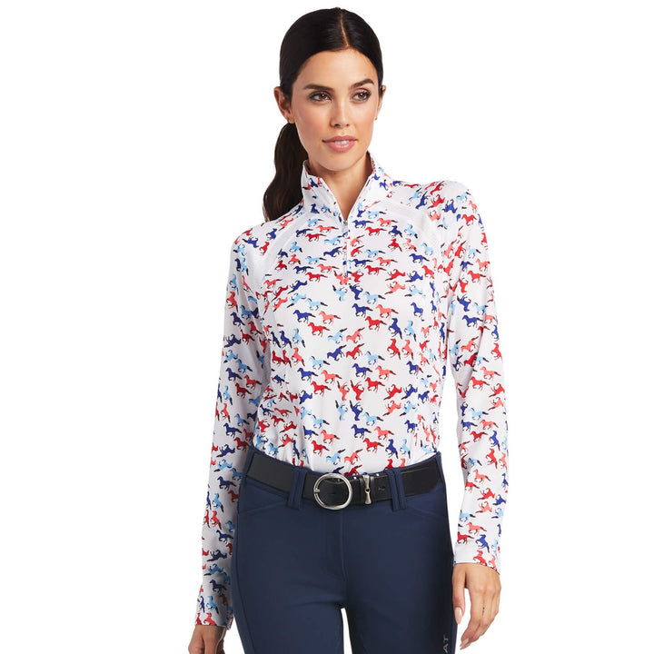 The Ariat Ladies Sunstopper 1/4 Zip Baselayer in White Print#White Print