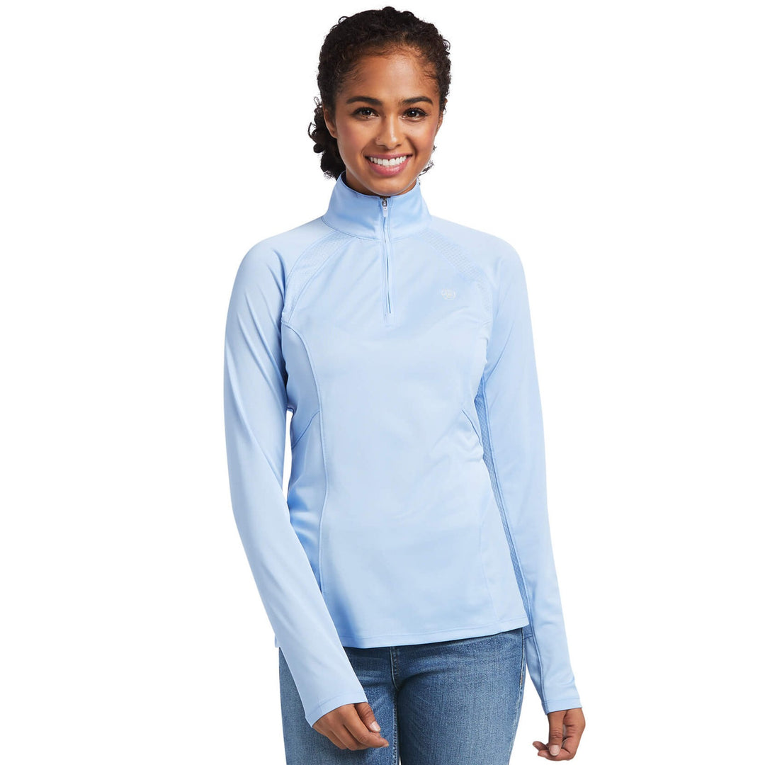 The Ariat Ladies Sunstopper 1/4 Zip Baselayer in Baby Blue#Baby Blue