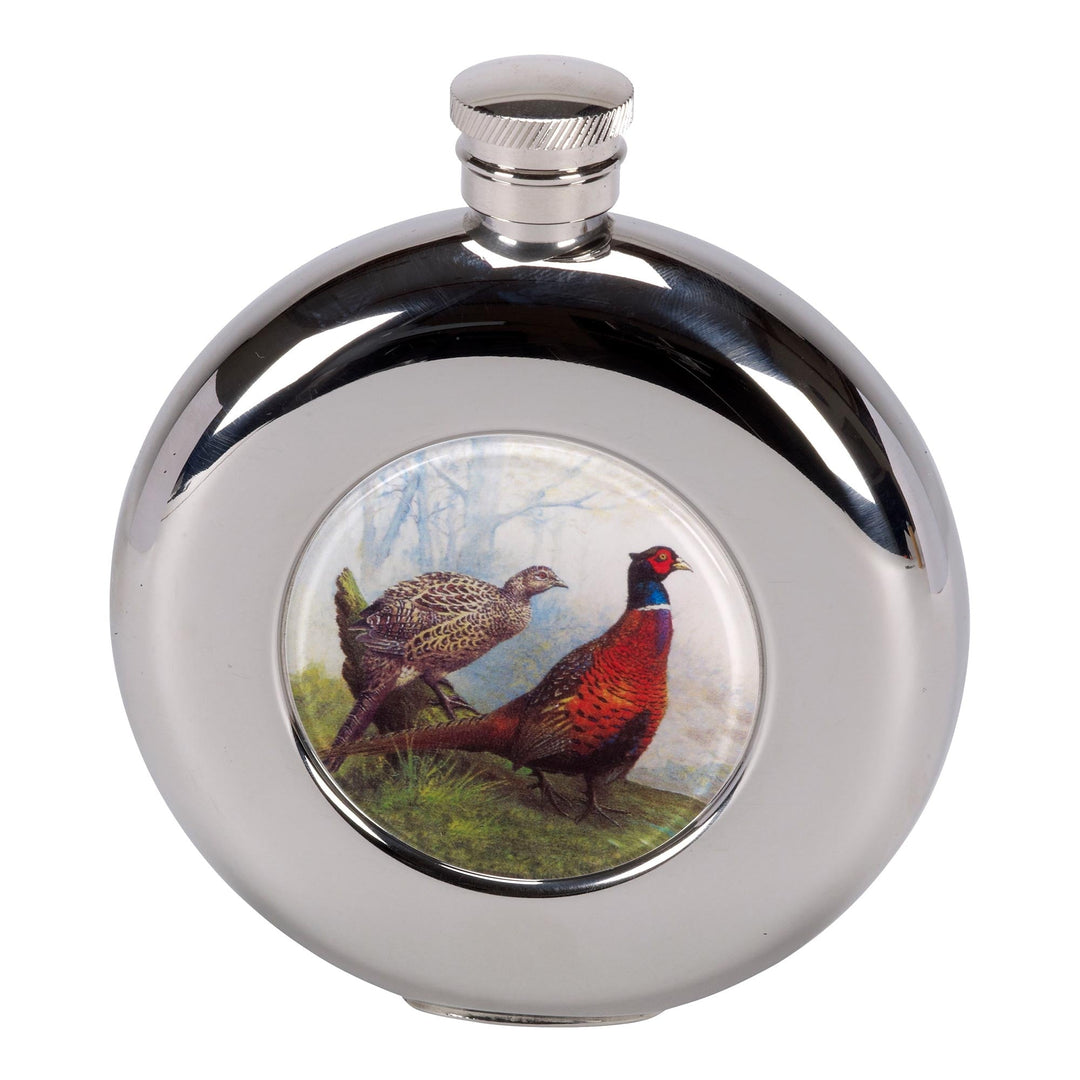 The Bisley Hip Flask Round with Pheasant Design in Silver#Silver