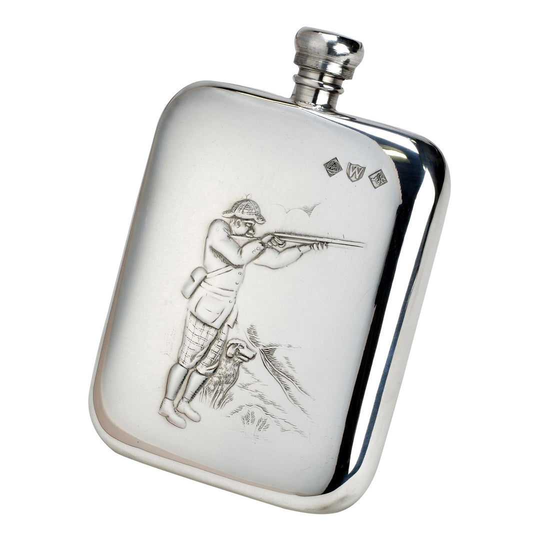 The Bisley Pewter Hip Flask 6oz Shooter & Dog in Silver#Silver