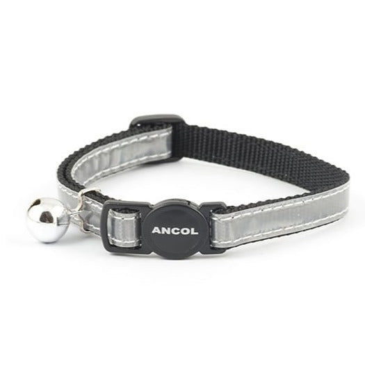 The Ancol Reflective Gloss Safety Cat Collar with Bell in Silver#Silver