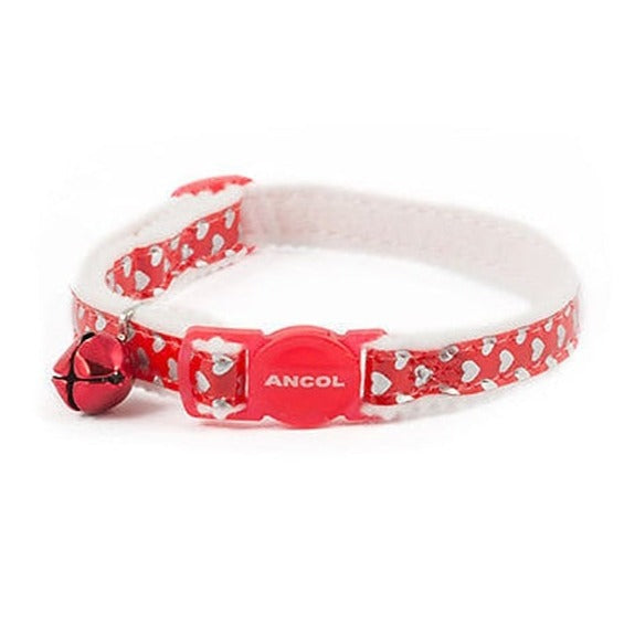 The Ancol Reflective Gloss Hearts Cat Collar with Bell in Red#Red