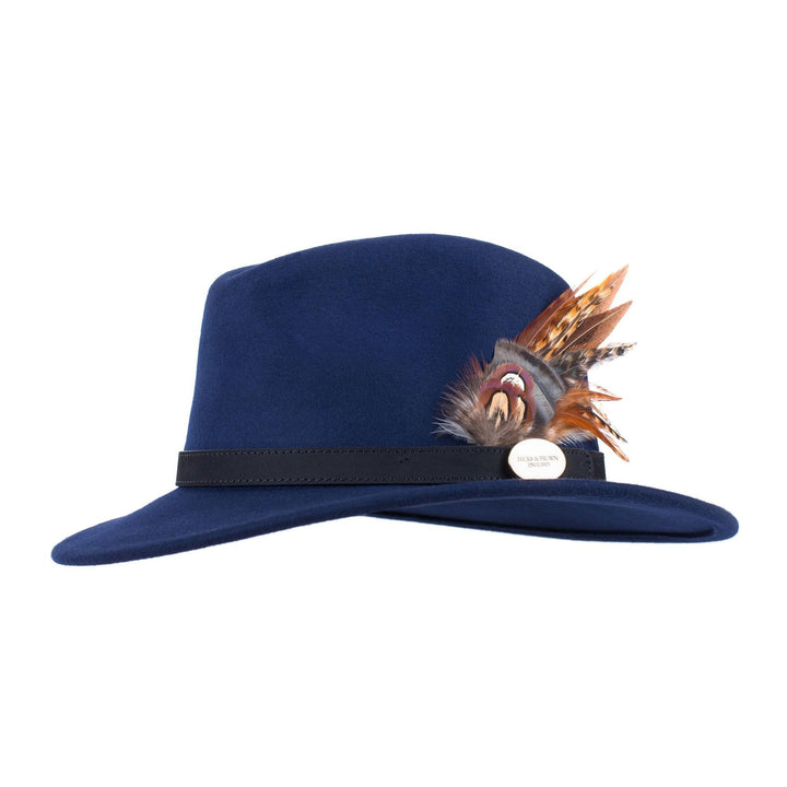 The Hicks & Brown Suffolk Fedora with Gamebird Feathers in Navy#Navy