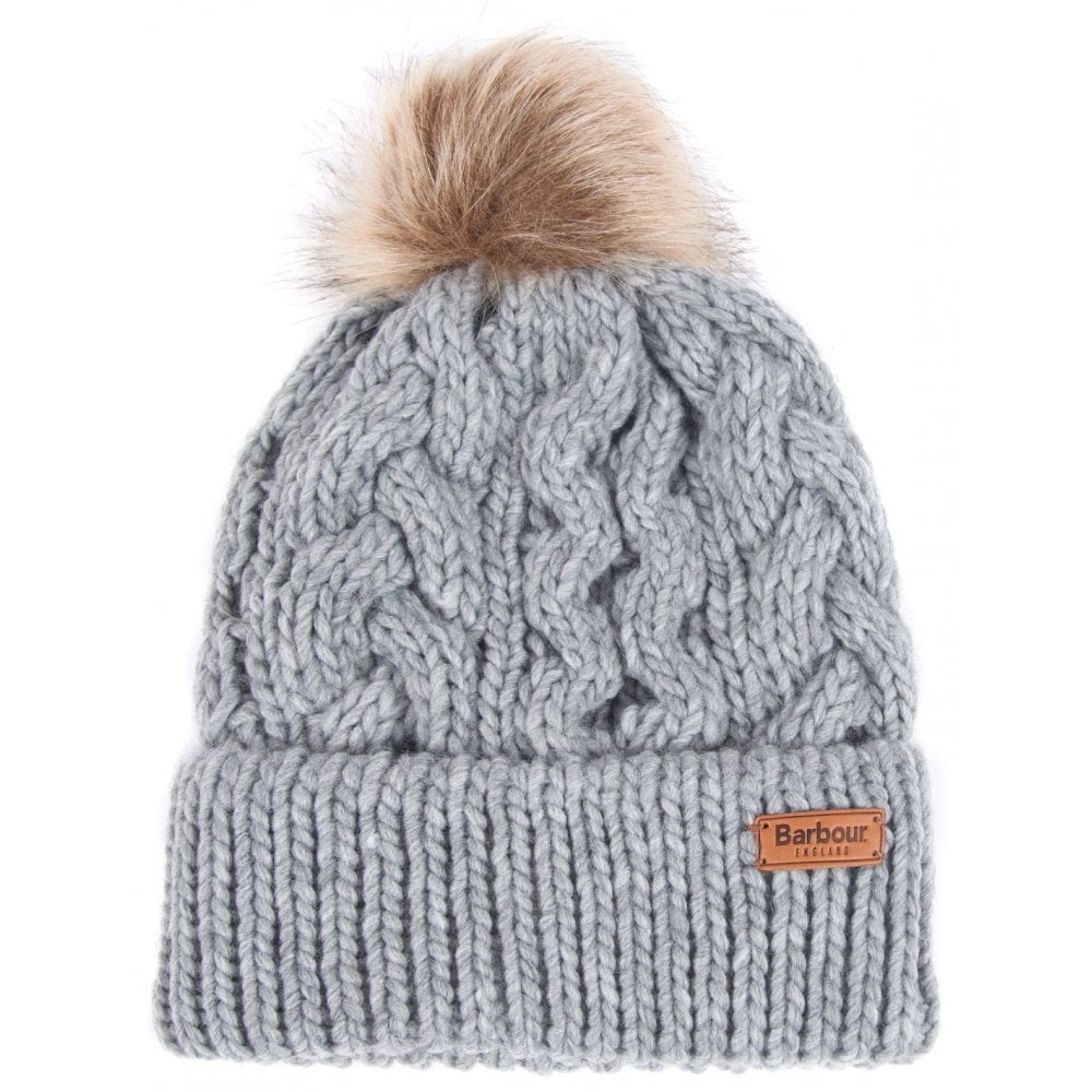 The Barbour Ladies Penshaw Cable Knit Beanie with Faux Fur Pom-Pom in Grey#Grey