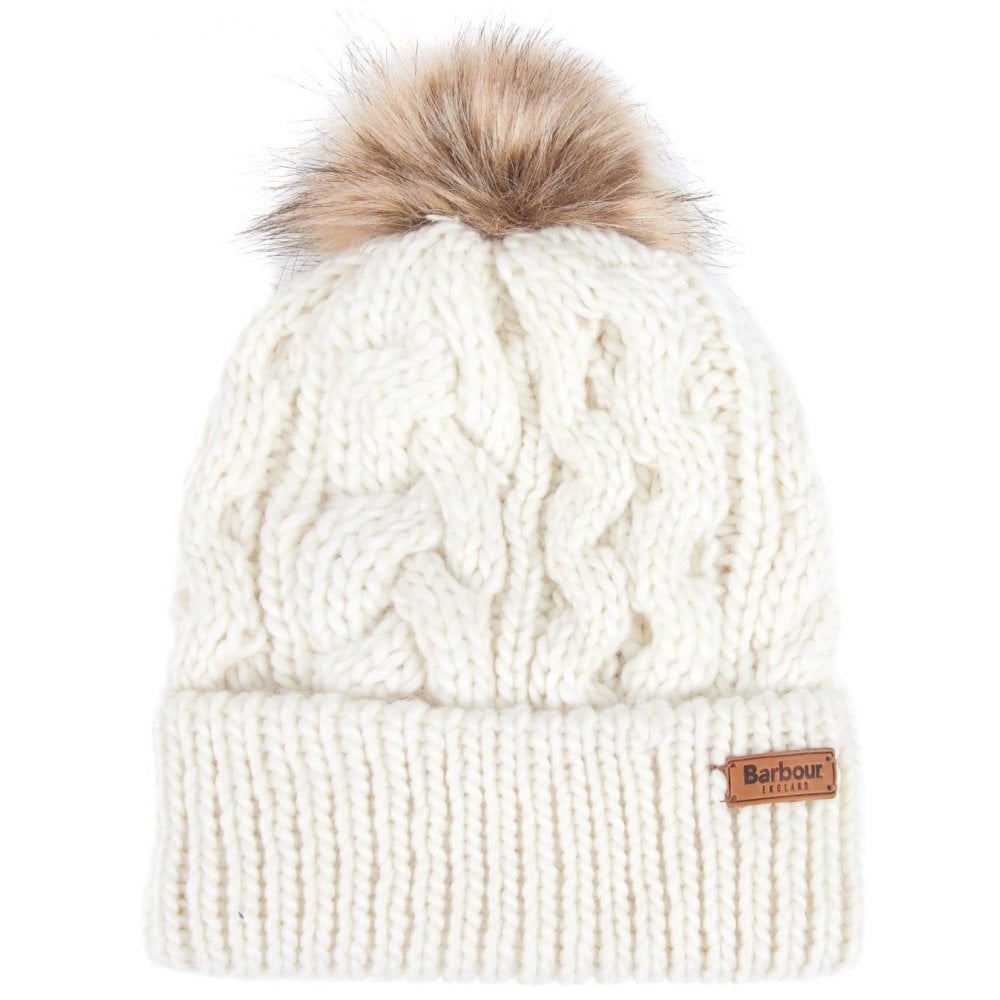 The Barbour Ladies Penshaw Cable Knit Beanie with Faux Fur Pom-Pom in White#White