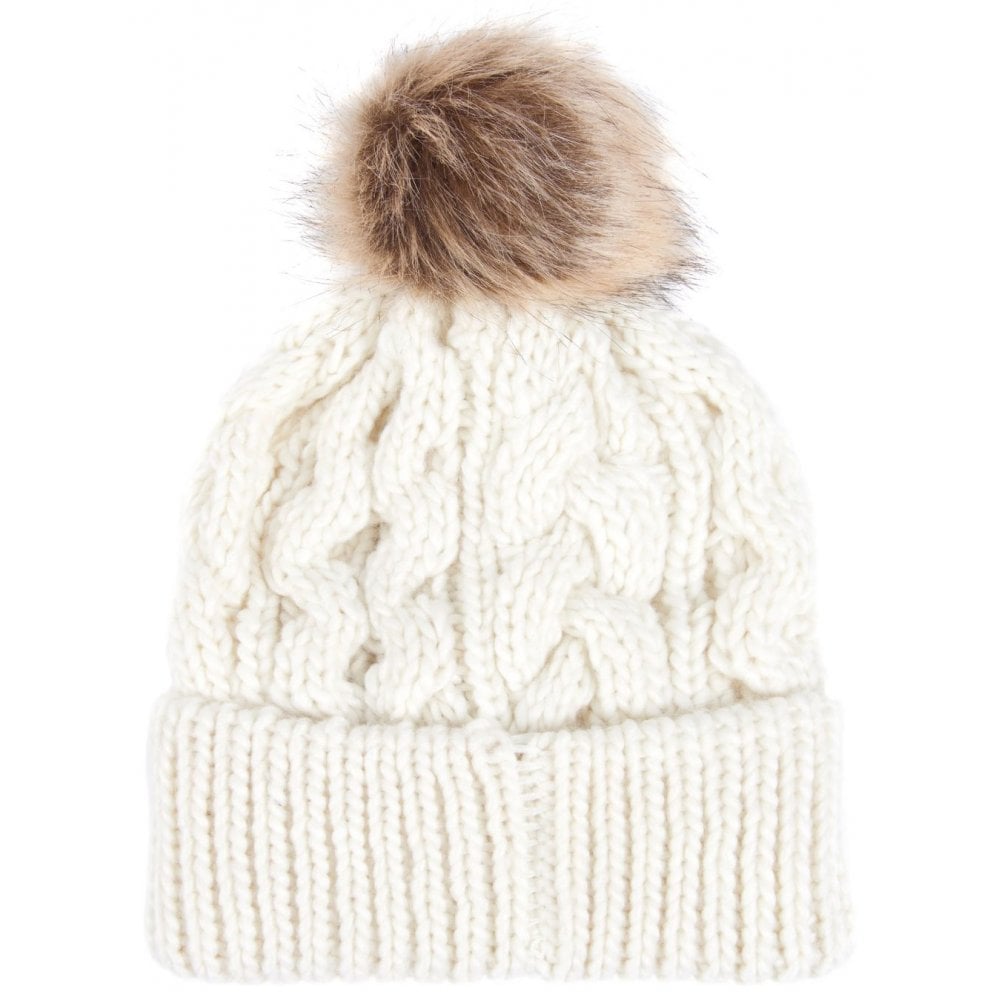 Barbour Ladies Penshaw Cable Knit Beanie with Faux Fur Pom-Pom