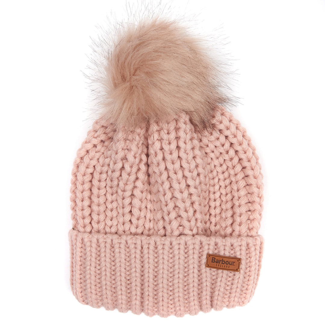 The Barbour Ladies Saltburn Beanie Hat with Faux Fur Pom-Pom in Pink#Pink
