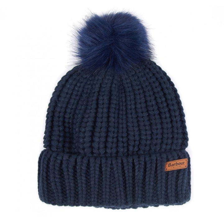 The Barbour Ladies Saltburn Beanie Hat with Faux Fur Pom-Pom in Navy#Navy