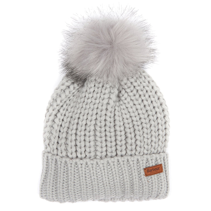 Barbour Ladies Saltburn Beanie Hat with Faux Fur Pom-Pom in White#White