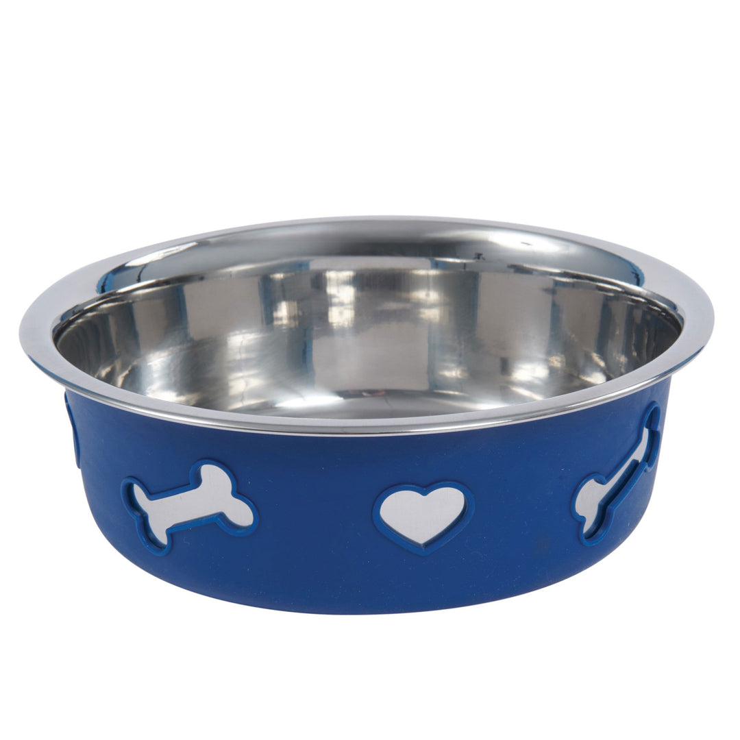 The Weatherbeeta Non-Slip Stainless Steel Silicone Bone Dog Bowl in Blue#Blue