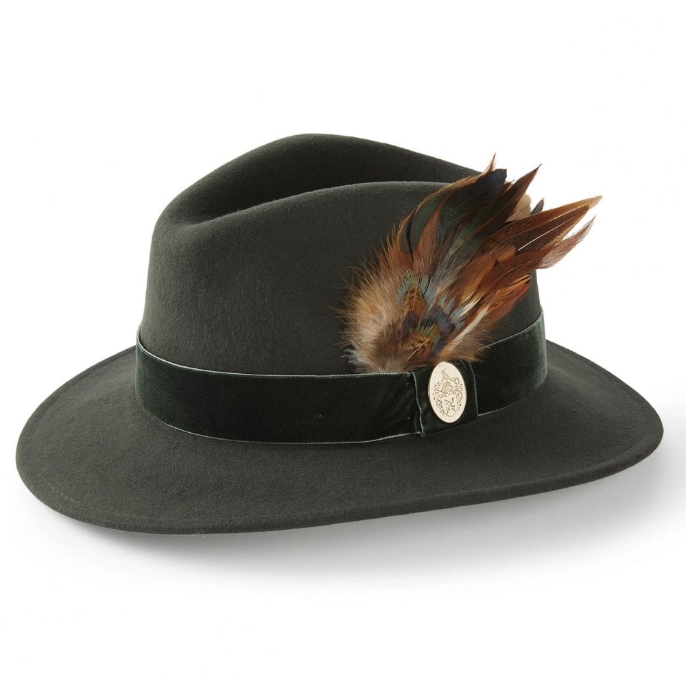 The Hicks & Brown Chelsworth Fedora Hat with Coque & Pheasant Feathers in Green#Green