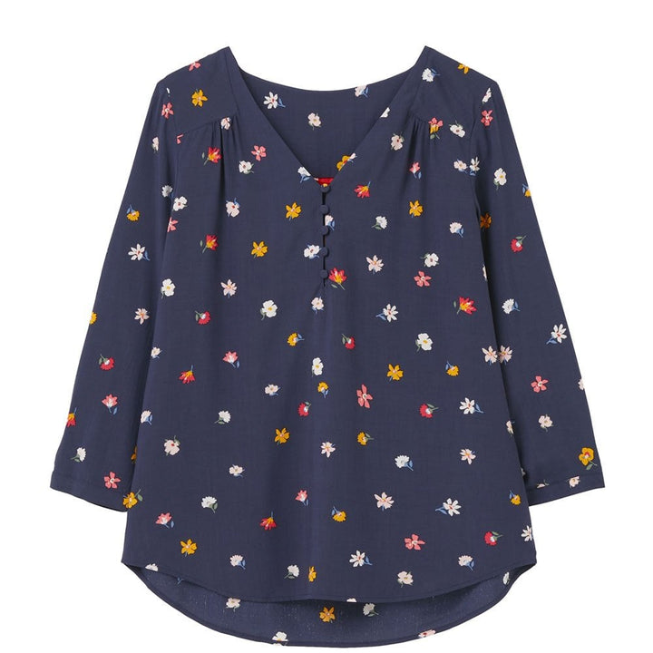 The Joules Ladies Briella Curved V Neck Top in Navy Print#Navy Print