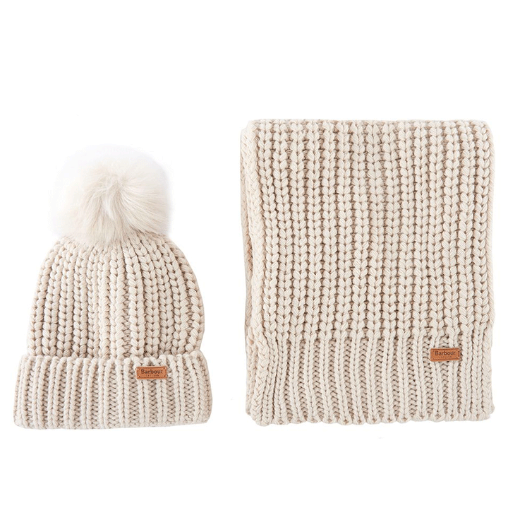 The Barbour Ladies Saltburn Beanie & Scarf Set in Cream#Cream