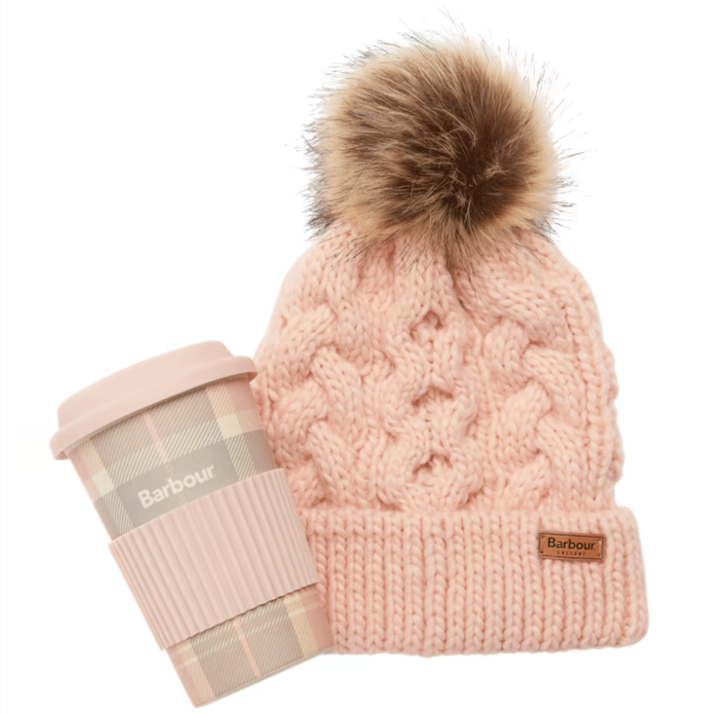 The Barbour Tartan Travel Mug / Beanie Gift Set in Pink#Pink