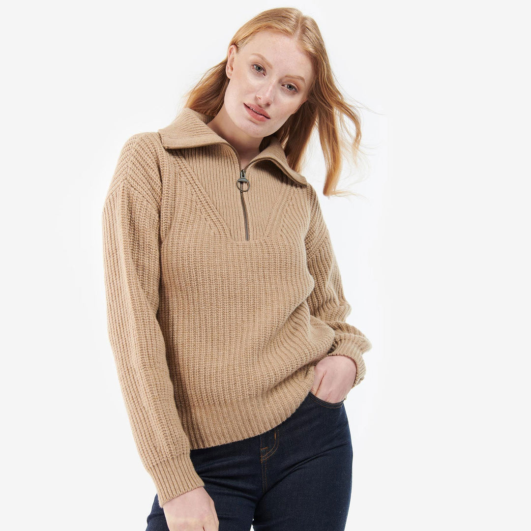 The Barbour Ladies Stavia Zip Neck Chunky Knit Sweater in Nude#Nude