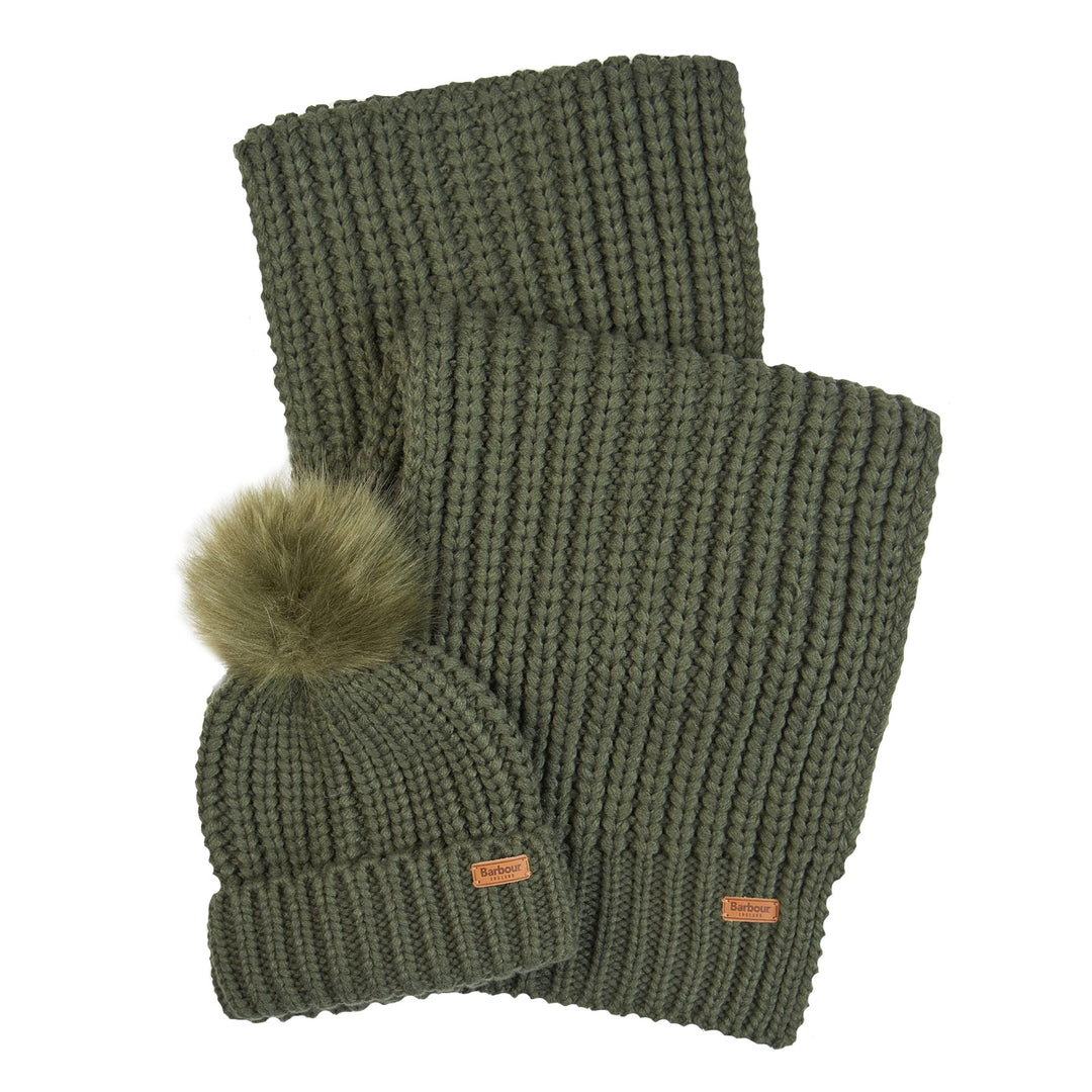 The Barbour Ladies Saltburn Beanie & Scarf Set in Olive#Olive