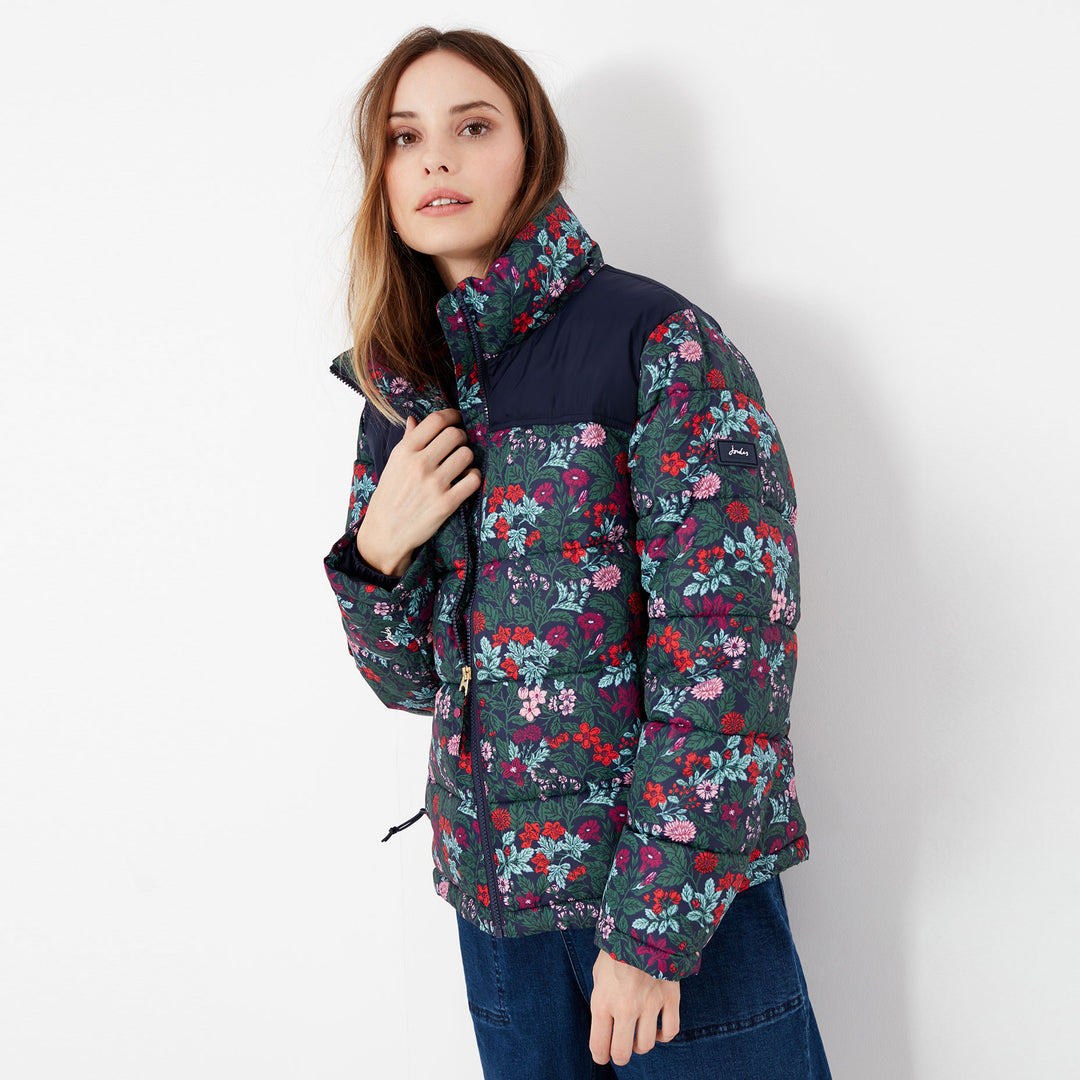 The Joules Ladies Elberry Floral Print Super Puffer in Navy Floral#Navy Floral
