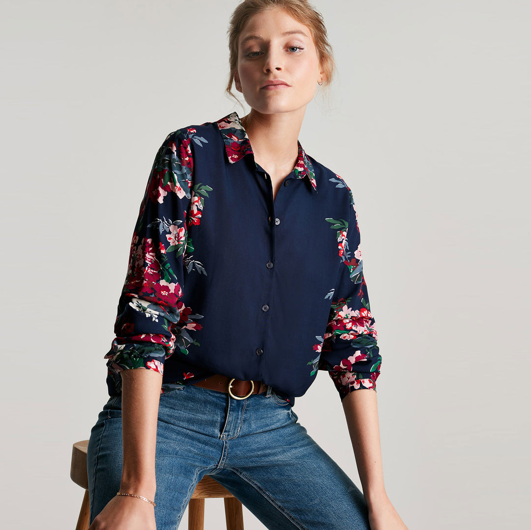 The Joules Ladies Elvina Button Through Blouse in Navy Print#Navy Print