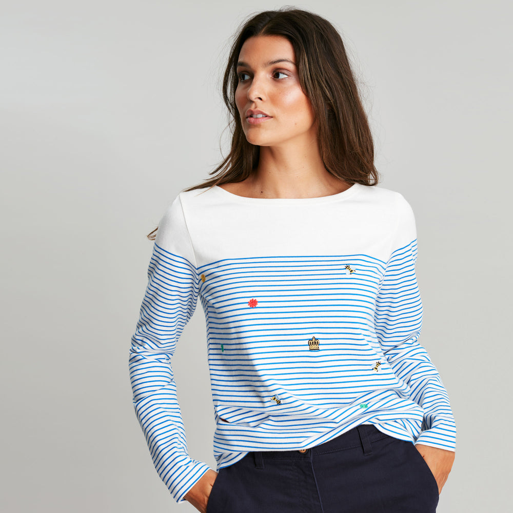 The Joules Ladies Harbour Emb Long Sleeve Jersey Top in Yellow Print#Blue Stripe