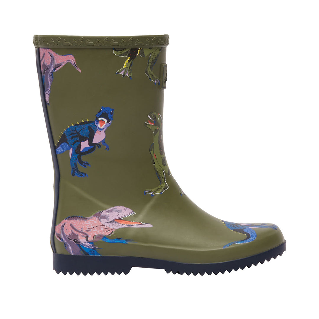 The Joules Boy Roll Up Flexible T-Rex Printed Welly in Green Print