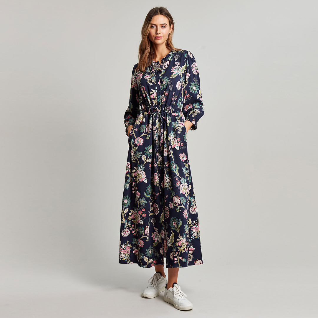 The Joules Ladies Reese Frill Shirt Dress in Navy Floral#Navy Floral