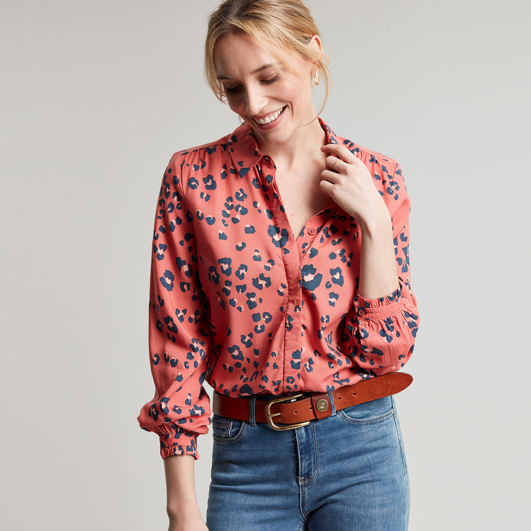 The Joules Ladies Kalina Concealed Placket Shirt in Red Print#Red Print