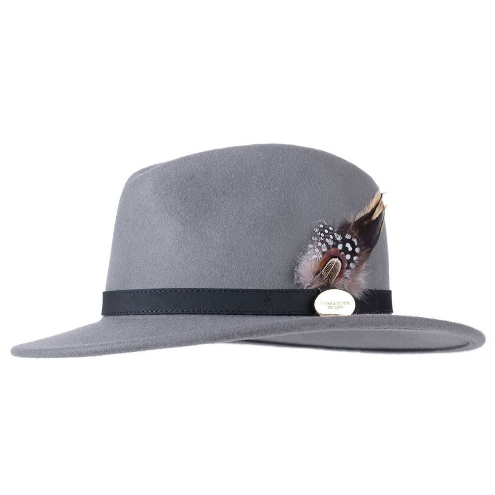 Hicks & Brown Suffolk Fedora with Guinea & Phesant Feathers in Grey#Grey