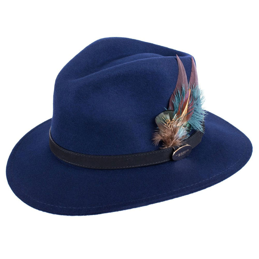 The Hicks & Brown Suffolk Fedora with Classic Mixed Feathers in Navy#Navy