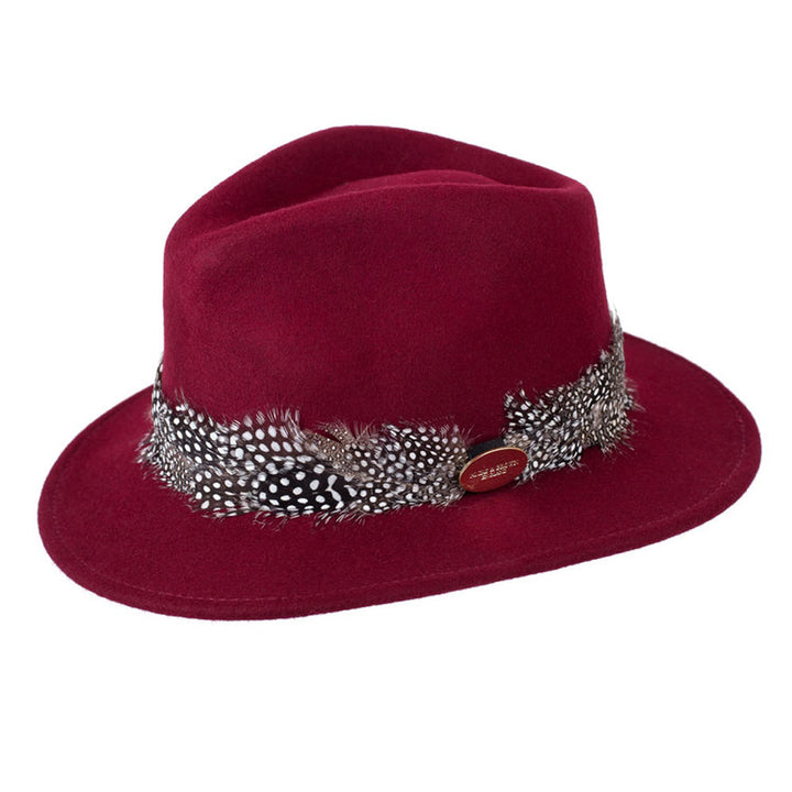 The Hicks & Brown Suffolk Fedora with Guinea Wrap Feathers in Burgundy#Burgundy
