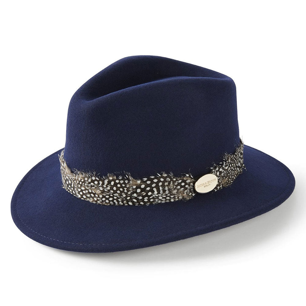 The Hicks & Brown Suffolk Fedora with Guinea Wrap Feathers in Navy#Navy