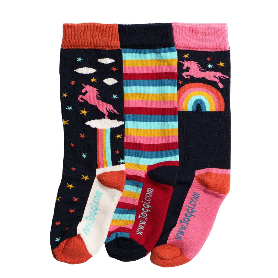 The Toggi Childrens Rainbow Unicorns 3 Pack Socks in Navy#Navy