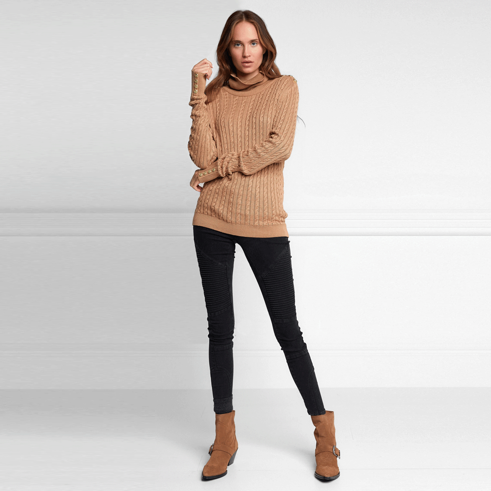 Holland Cooper Ladies Seattle Roll Neck Cable Knit#Camel