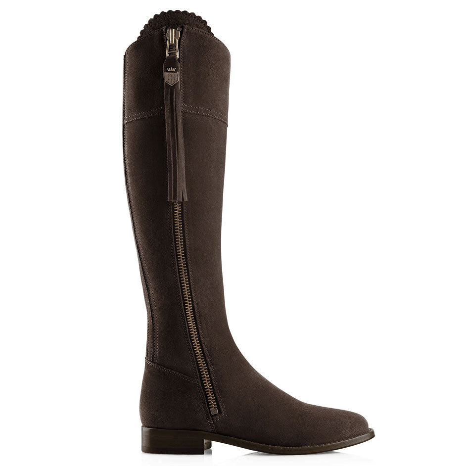 Fairfax & Favor Ladies Narrow Regina Suede Flat Boot in Chocolate#Chocolate