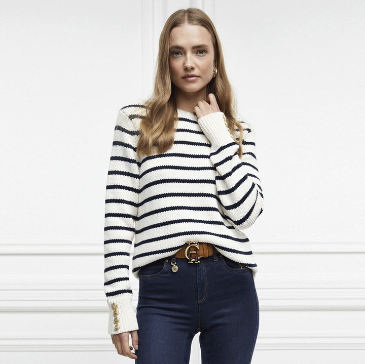 The Holland Cooper Ladies Henley Striped Crew in Navy Stripe#Navy Stripe