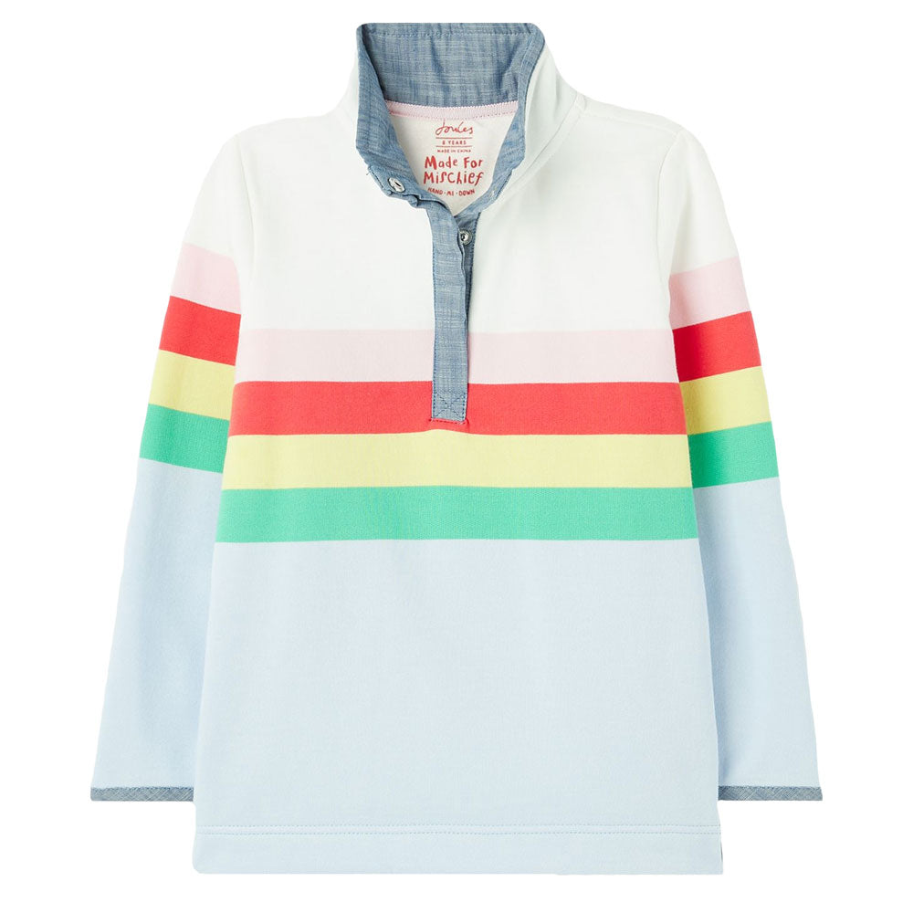 The Joules Girl Saunton Stripe Overhead Half Popper Sweatshirt in Blue Stripe#Blue Stripe