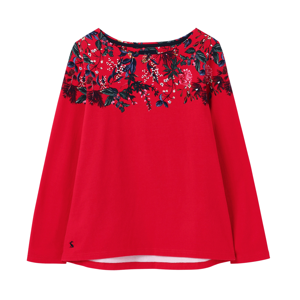 Joules Ladies Harbour Print Long Sleeve Jersey Top in Red Print#Red Print