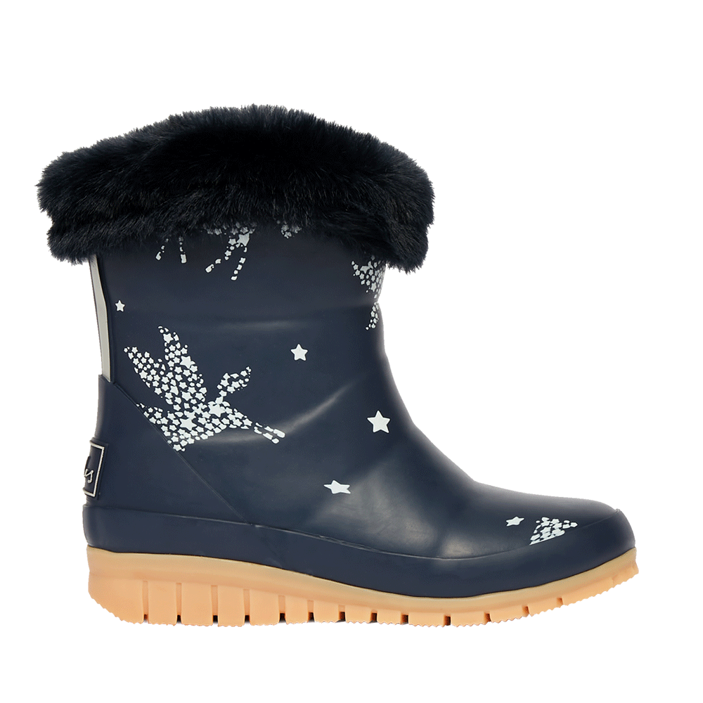 The Joules Girls Chilton Faux Fur Topped Welly in Navy Print