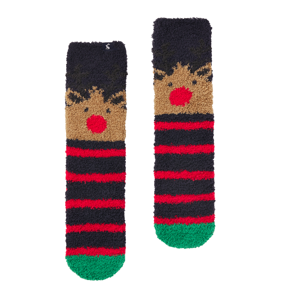 The Joules Girls Festive Fluffy Reindeer Socks in Navy Print#Navy Print