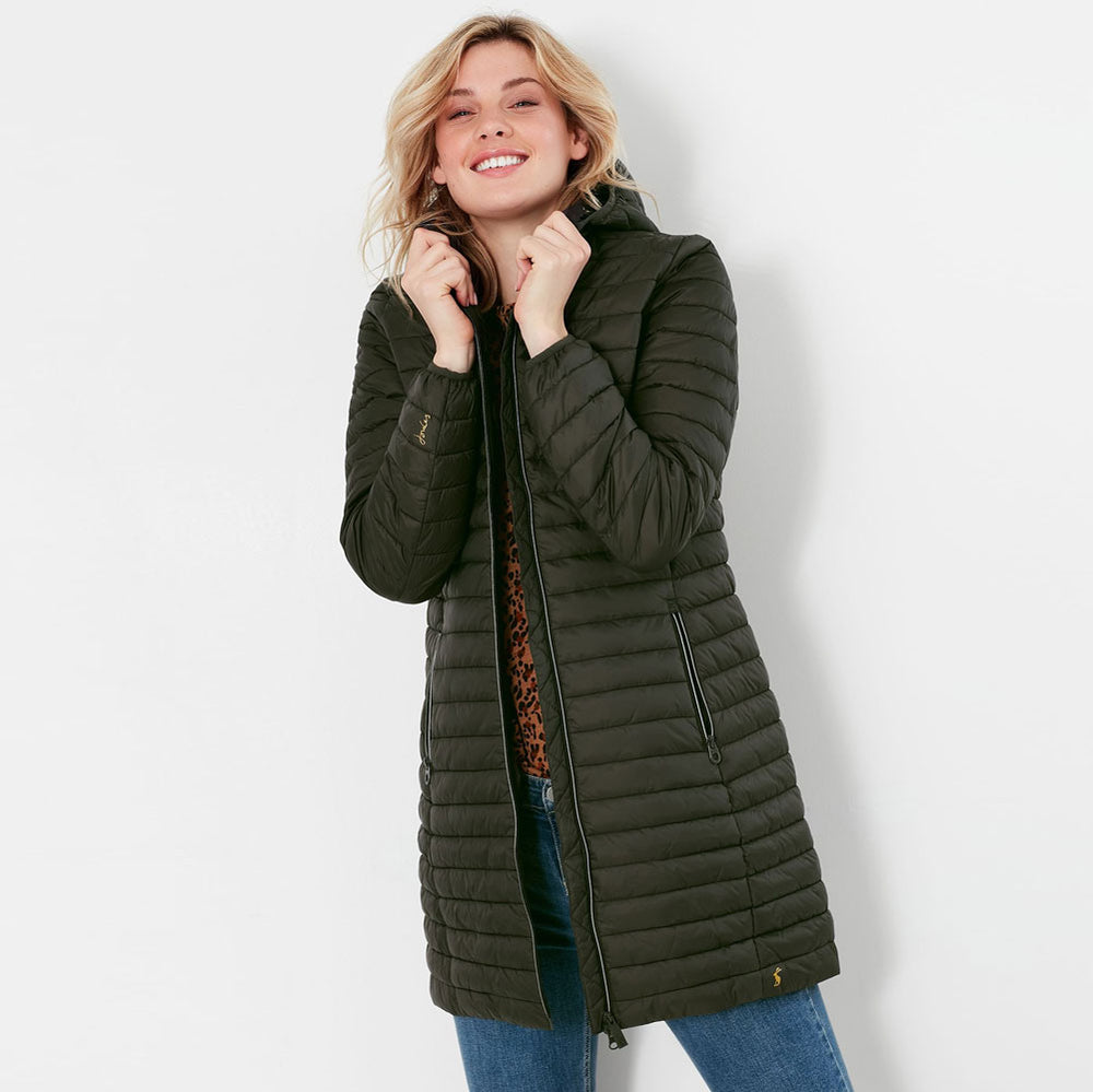 The Joules Ladies Long Packable Snug Coat in Olive#Olive