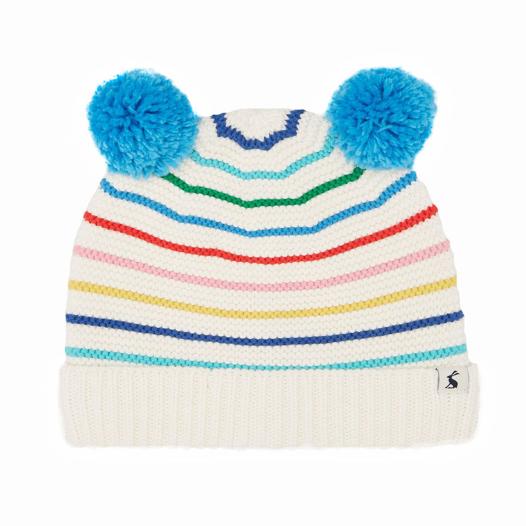 The Joules Baby Nursery Pom Pom Organic Cotton Knitted Hat in Multi-Stripe#Cream Stripe