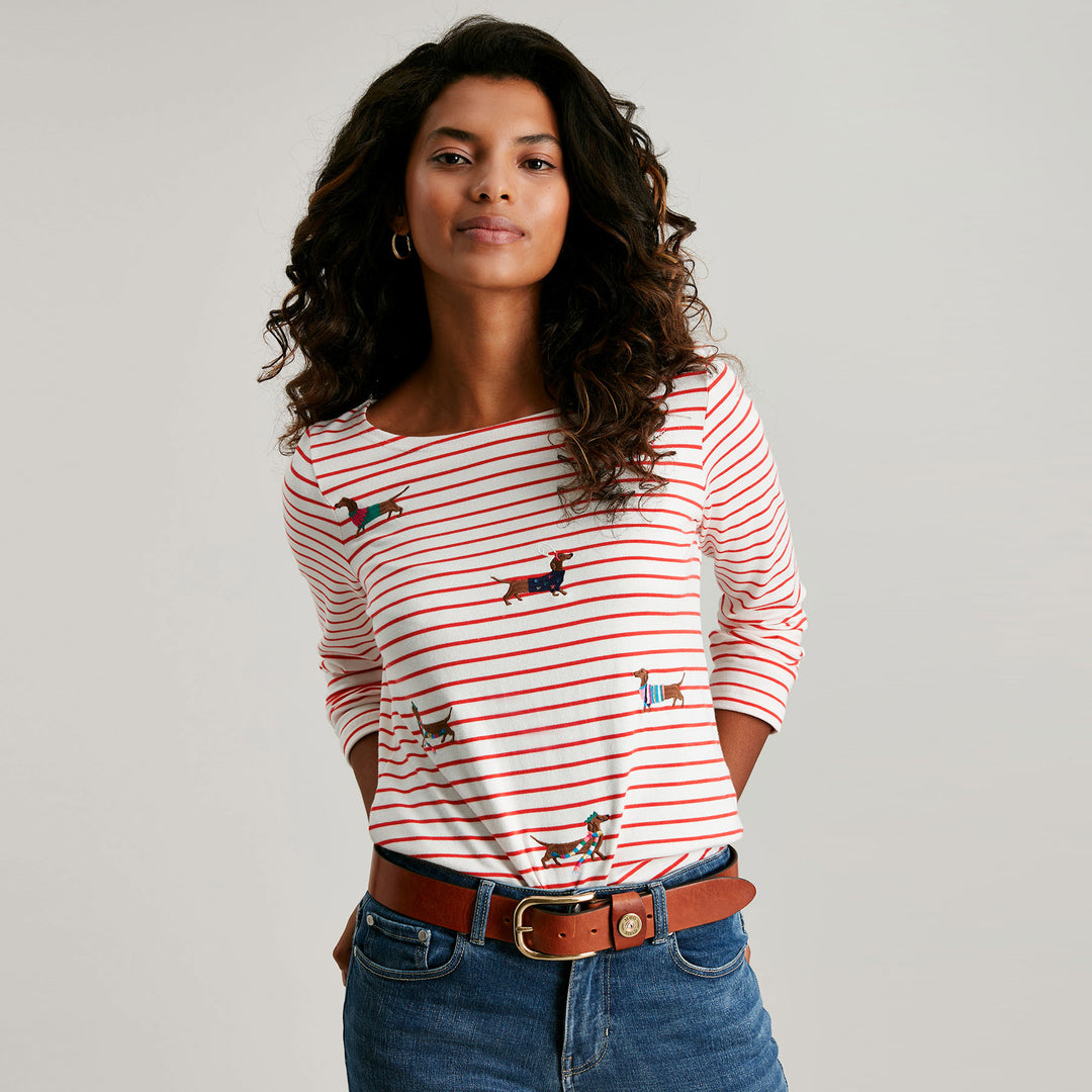 The Joules Ladies Festive Harbour Luxe Long Sleeve Jersey Top in Red Stripe#Red Stripe