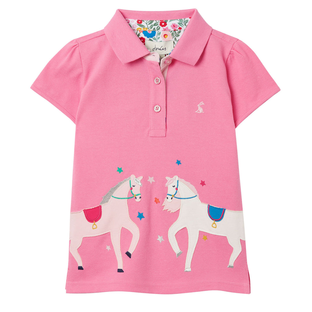The Joules Girls Moxie Horse Design Polo Shirt in Pink#Pink